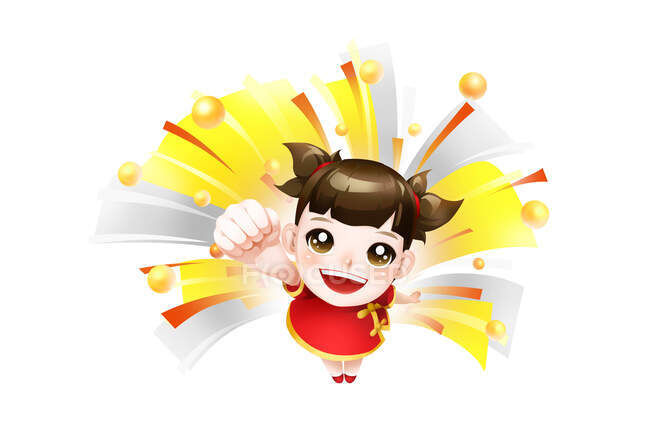 Chica feliz en ropa tradicional china levantando puño - foto de stock