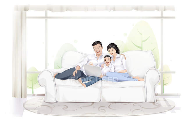 Cartoon family using computer lying on couch — Stock Photo