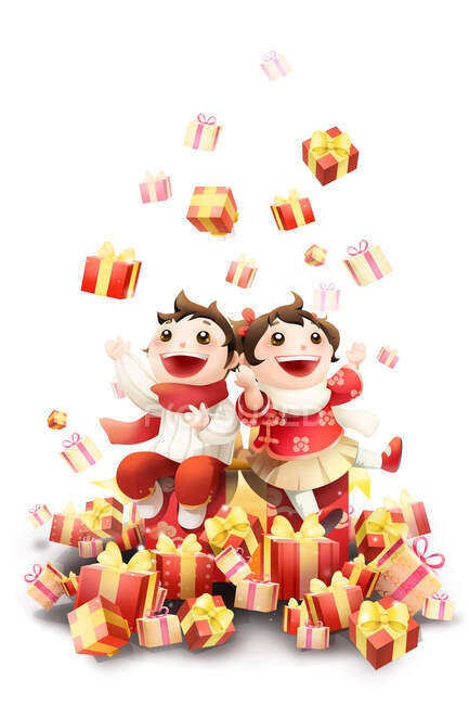 Cartoon children and many gift boxes — Stock Photo