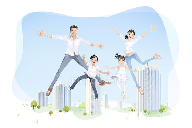 Familia feliz saltando con edificios de la ciudad en el fondo - foto de stock