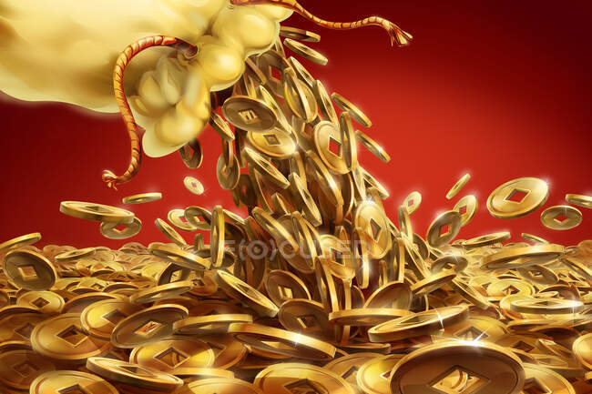 Chinese traditional copper coins pouring out from money bag — Stock Photo