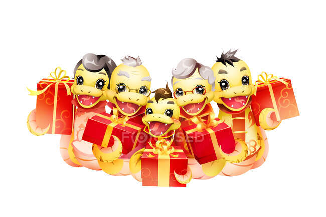Família cobra feliz celebrando Ano Novo Chinês com presentes — Fotografia de Stock