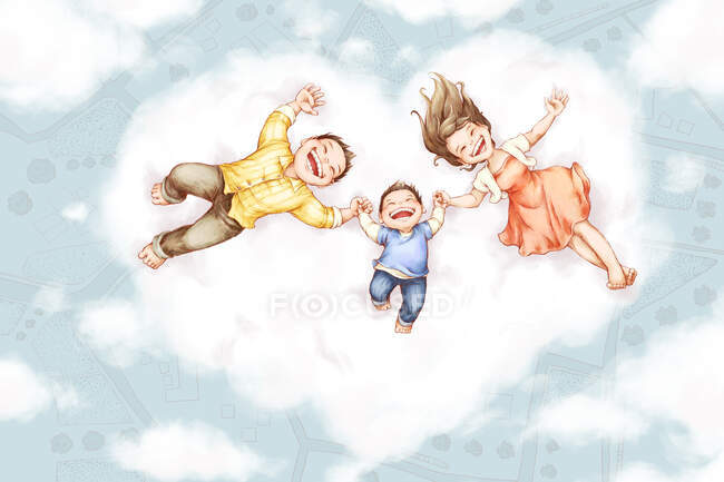 Happy cartoon family lying together on heart shaped cloud — Stock Photo