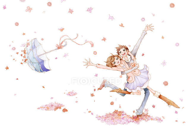 Romantic young couple dancing in falling flowers with umbrella — Stock Photo