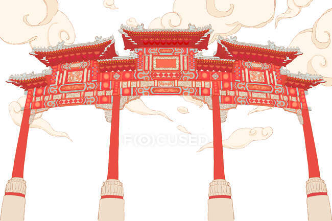 Arquitectura tradicional china, dibujos animados Pailou con nubes - foto de stock