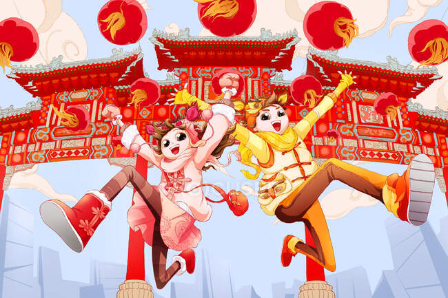 Happy young people celebrating Chinese New Year with traditional pailou on background — Stock Photo