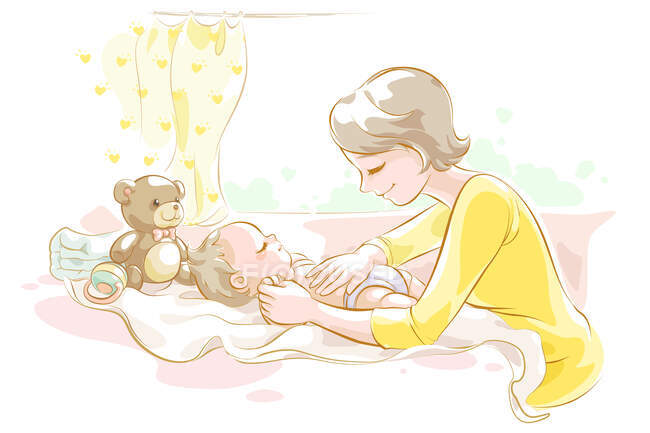 Mother taking care of baby, cartoon illustration — Stock Photo