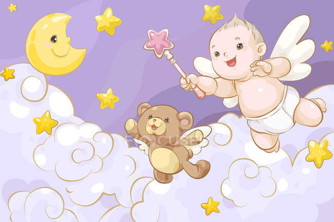 Baby angel and teddy bear flying over clouds with moon and stars — Stock Photo