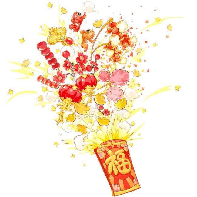Opening red envelope with various objects for Chinese New Year — Stock Photo