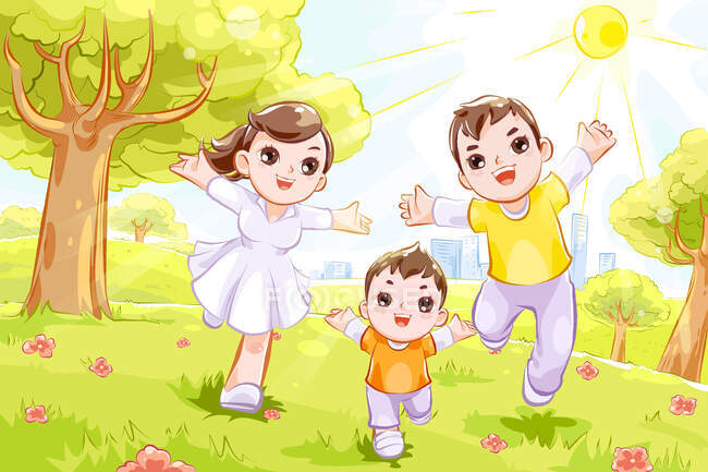 Glückliche Familie läuft im sonnigen Park — Stockfoto
