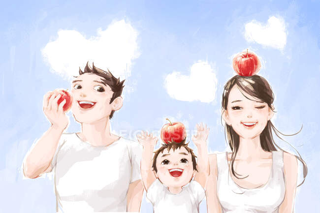 Família feliz com maçãs vermelhas e nuvens em forma de coração no céu azul — Fotografia de Stock