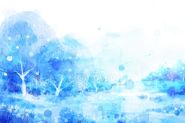 Акварельна ілюстрація синіх дерев і поля — стокове фото