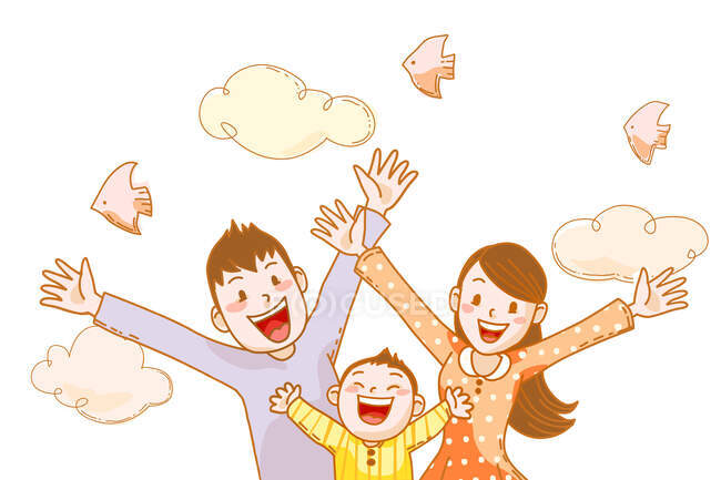 Famiglia felice con nuvole e uccelli in cielo — Foto stock