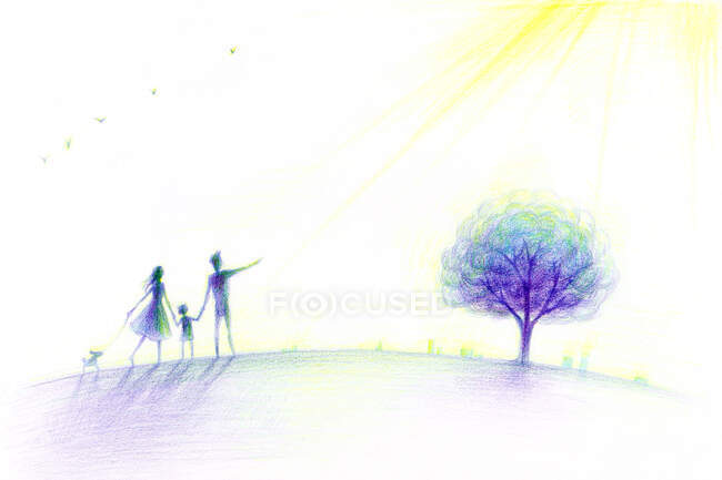 Silhouettes de famille avec chien et arbre sur colline — Photo de stock