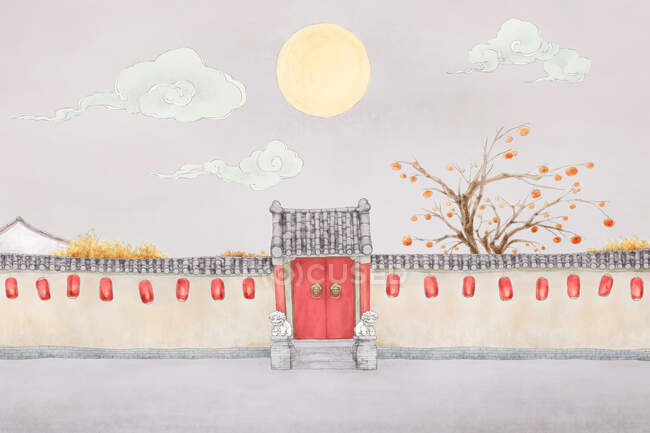 Traditional chinese fencing with red doors, sun and clouds in sky — Stock Photo