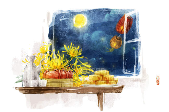Китайский традиционный фестиваль середины осени питание на столе с ночным небом в окне — стоковое фото