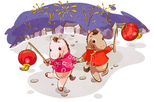 Cute horses with lanterns celebrating chinese new year — Stock Photo