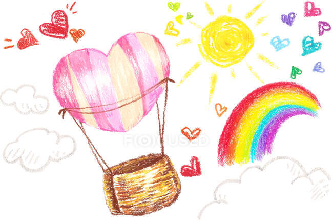 Воздушный шар, летящий с солнцем и радугой в небе — стоковое фото