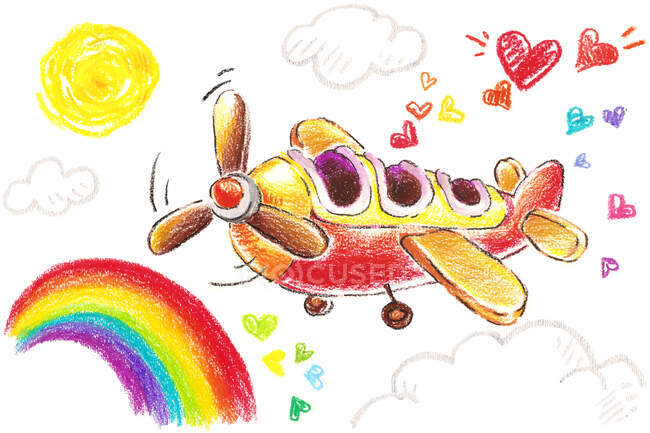 Avião desenhado à mão com sol, nuvens e arco-íris — Fotografia de Stock
