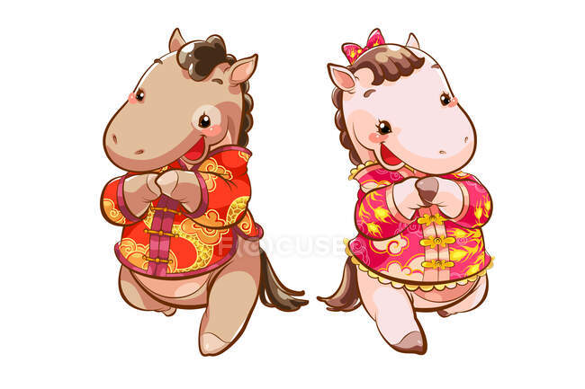 Cute happy horses in traditional chinese clothes — Stock Photo