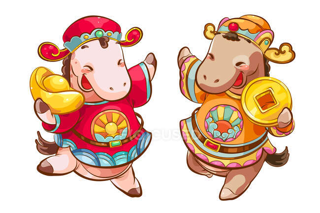 Cute cartoon horses dancing in traditional chinese clothes — Stock Photo