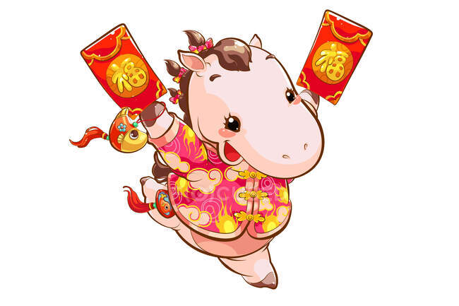Aufgeregtes süßes Pferd mit roten Umschlägen für das chinesische Neujahr — Stockfoto