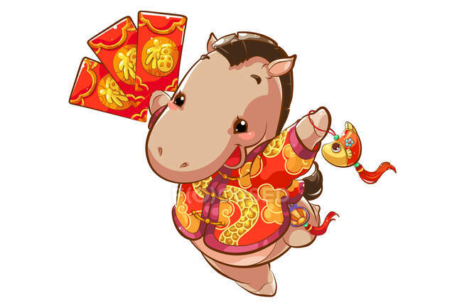Aufgeregtes Pferd mit roten Umschlägen zum chinesischen Neujahr — Stockfoto
