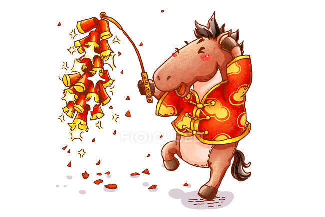 Mignon cheval avec feu d'artifice célébrant le Nouvel An chinois — Photo de stock