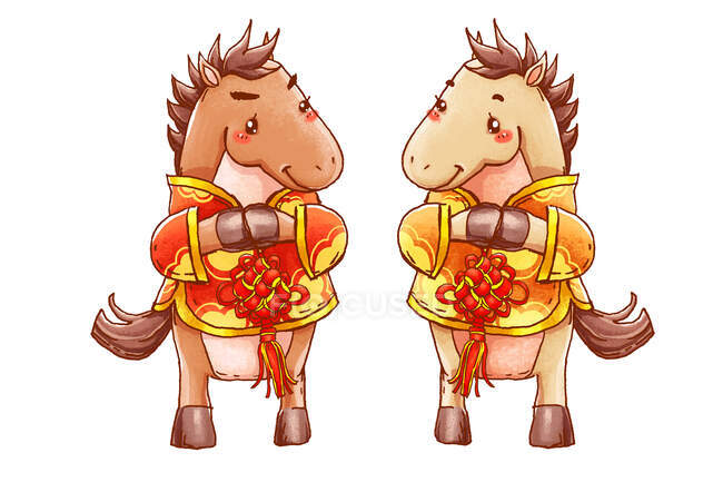 Cute horses in traditional chinese clothes holding decorations — Stock Photo