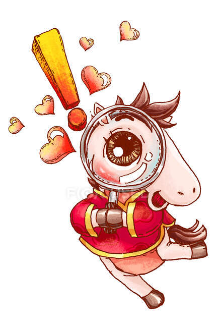 Cute horse in traditional chinese clothes with magnifying glass — Stock Photo