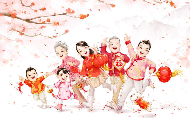 Китайська родина святкує китайський Новий рік у традиційному одязі з квітучою сакурою. — стокове фото