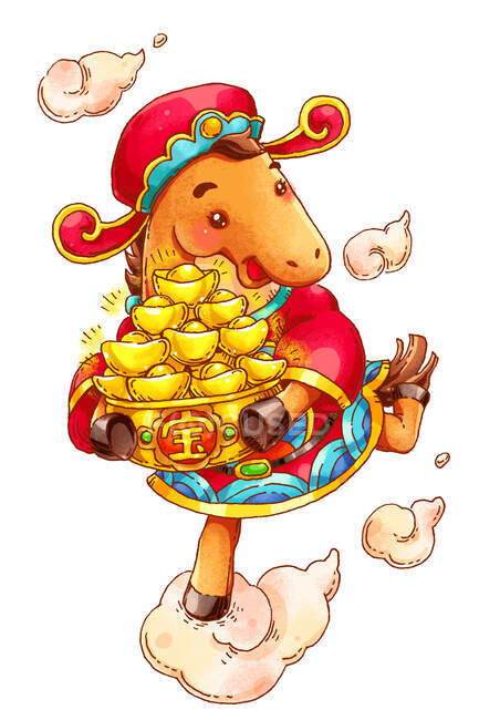 Милая лошадь с золотыми чашками в традиционной китайской одежде — стоковое фото
