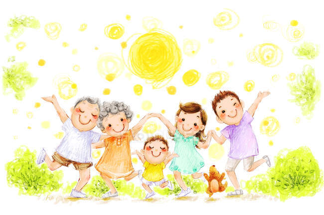 Щаслива мультяшна сім'я на зеленому полі з сонцем у небі — стокове фото