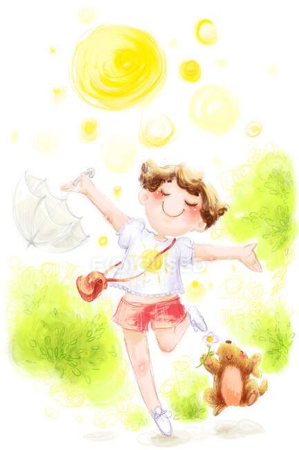 Desenho animado menina alegre com guarda-chuva e cão — Fotografia de Stock