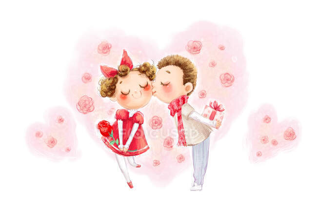 Cartoon Mann küsst Freundin und hält Geschenk hinter dem Rücken — Stockfoto
