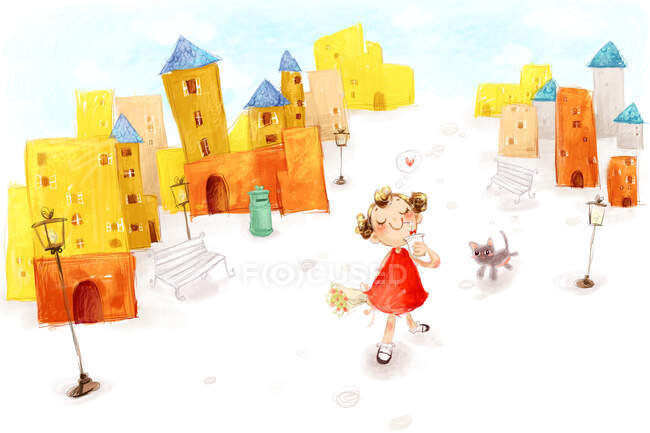 Desenho animado bonito menina andando na rua com gato — Fotografia de Stock