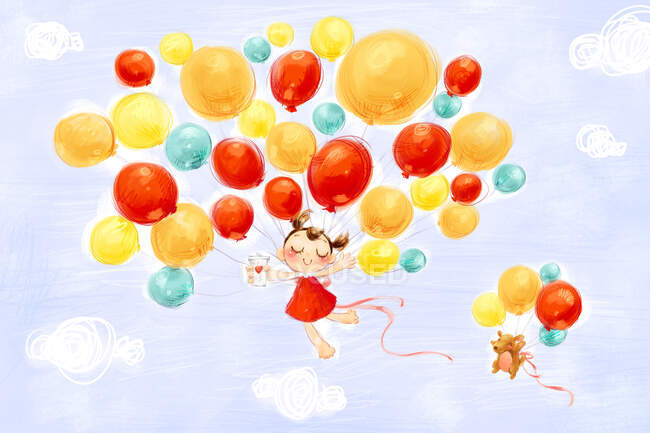 Menina bonito e filhote de cachorro voando no céu com balões — Fotografia de Stock