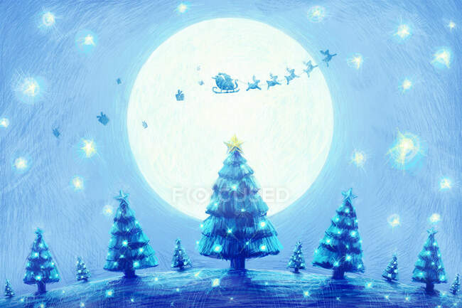 Christmas scene, santa with deer flying in sky over land with fir trees — Stock Photo