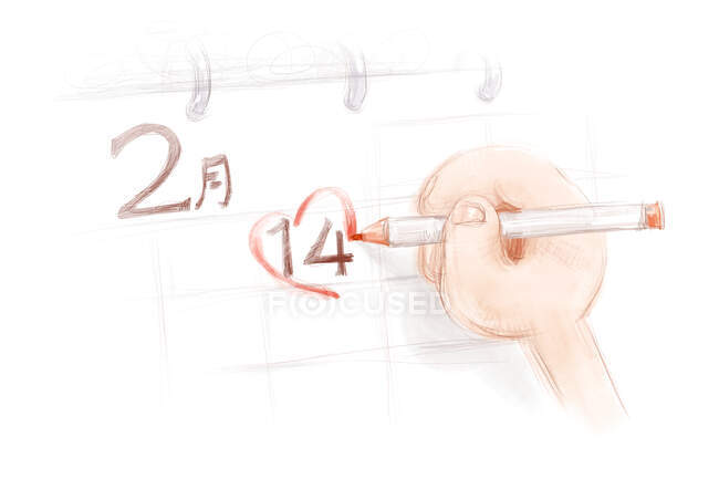 Día de San Valentín en el calendario, corazón dibujo a mano más de 14 fecha de febrero - foto de stock