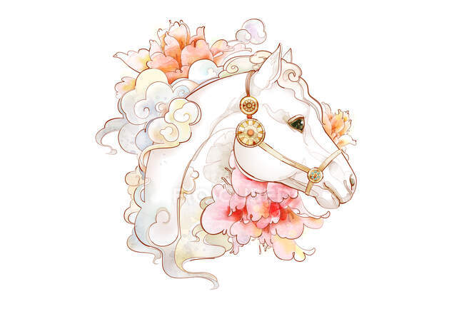 Dibujo de caballo blanco con hermosas flores - foto de stock