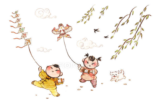 Niños chinos felices con cometas voladoras y perro - foto de stock