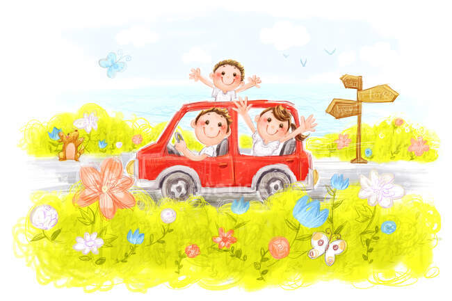 Feliz familia china montando en coche rojo - foto de stock
