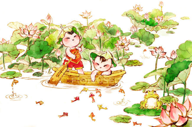 Cute Chinese children rowing boat in lotus pond — Stock Photo