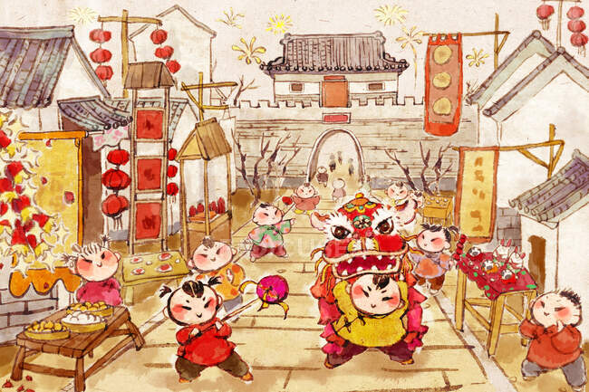 Alegre pueblo chino celebrando el Año Nuevo Chino en la calle - foto de stock