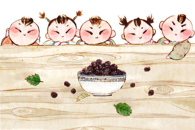 Cartone animato bambini asiatici con ciotola di bacche sul tavolo — Foto stock