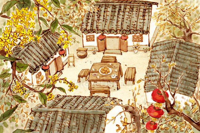 Edifícios siheyuan tradicionais chineses com mesa definida no quintal — Fotografia de Stock