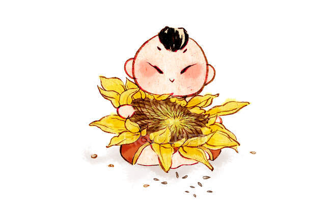 Cartoon chinese boy with sunflower isolated on white background — Stock Photo