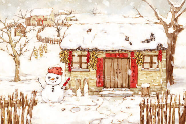 Traditional chinese house and snowman in winter — Stock Photo