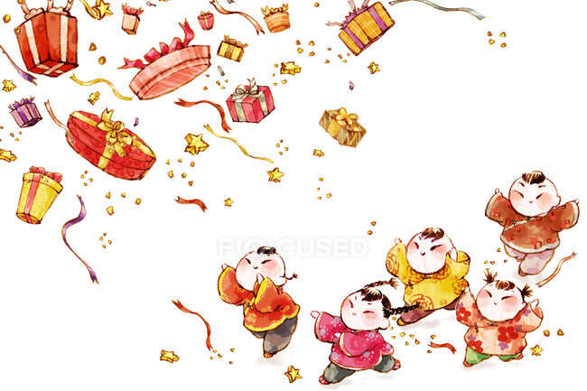 Cartoon chinese kids catching gift boxes — Stock Photo