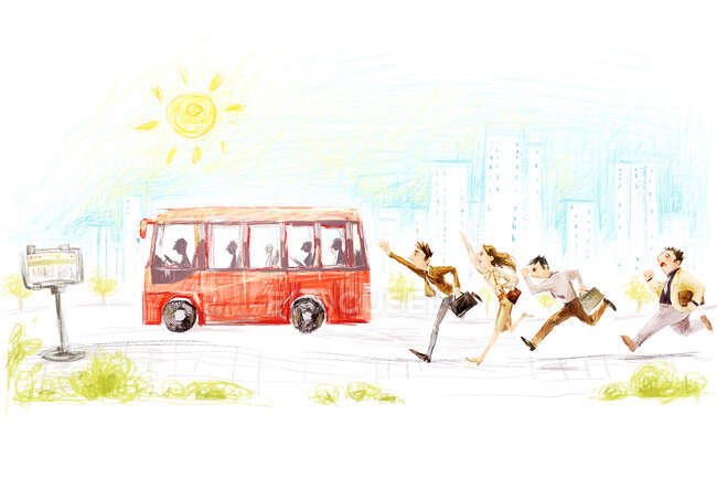 Мультяшные люди бегут за автобусом на солнечной улице — стоковое фото